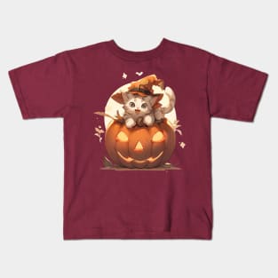 Kawaii cat witch on a halloween pumpkin Kids T-Shirt